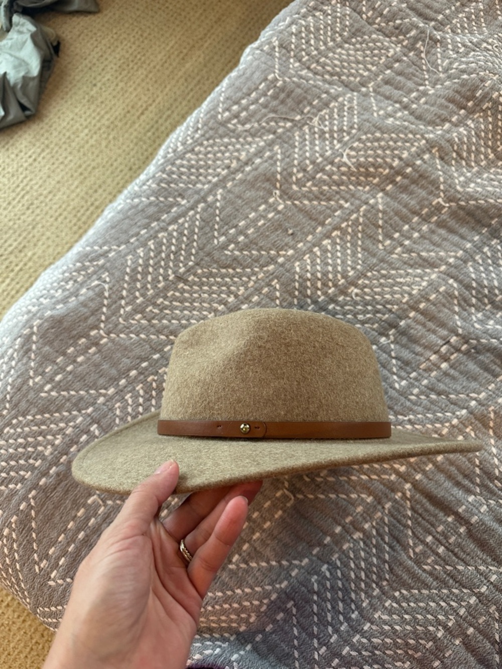 Free People Tan Wool Felt Rancher Hat with Brown Leather Band